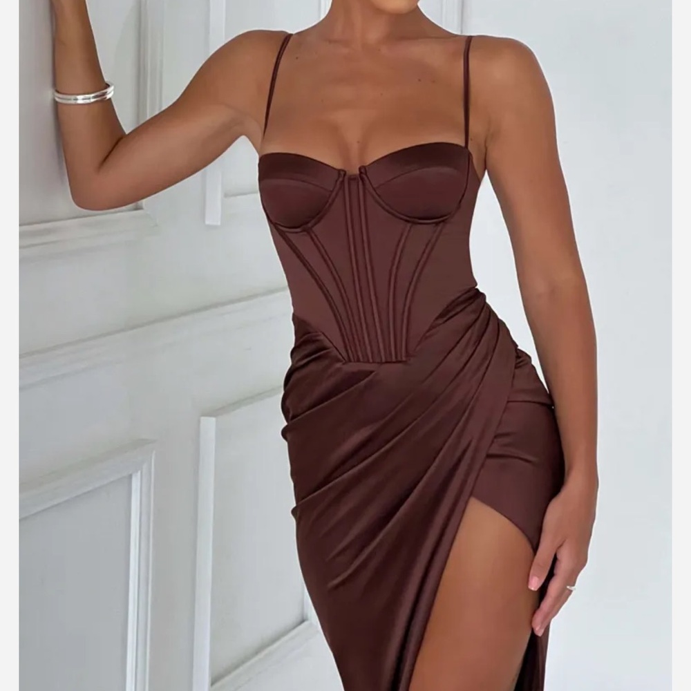 Babyboo Despina Chocolate Satin Maxi Dress Size Small - Picture 3 of 5